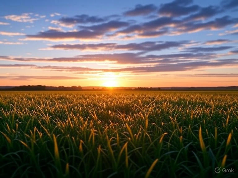 Lush green Texas Hill Country lawn at sunset, irrigated by a Highland Lakes Irrigation sprinkler system in Kingsland, TX